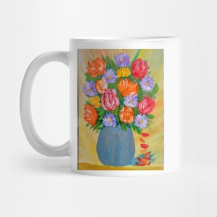 Some lovely roses and carnation flowers. In a metallic turquoise and gold vase Mug